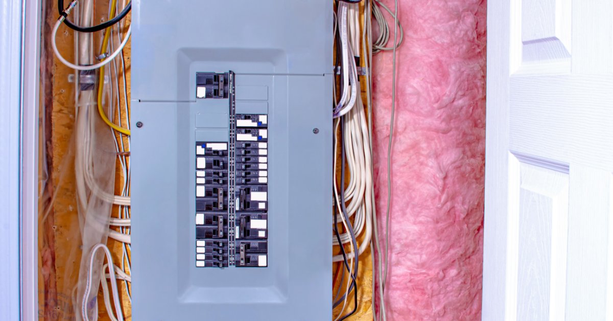 An electrical breaker panel mounted between exposed wiring and pink insulation inside an unfinished utility wall.