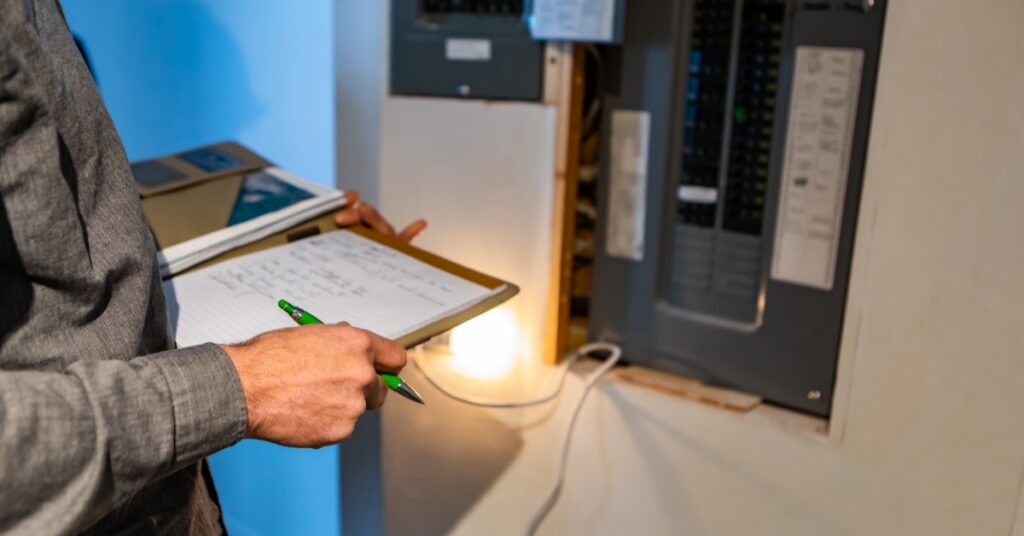 An electrician holding a clipboard while inspecting an open electrical panel inside a home during a safety evaluation.