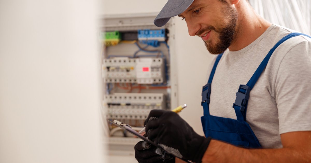 An electrician in blue overalls works on electrical wiring with an open breaker panel visible in the background.