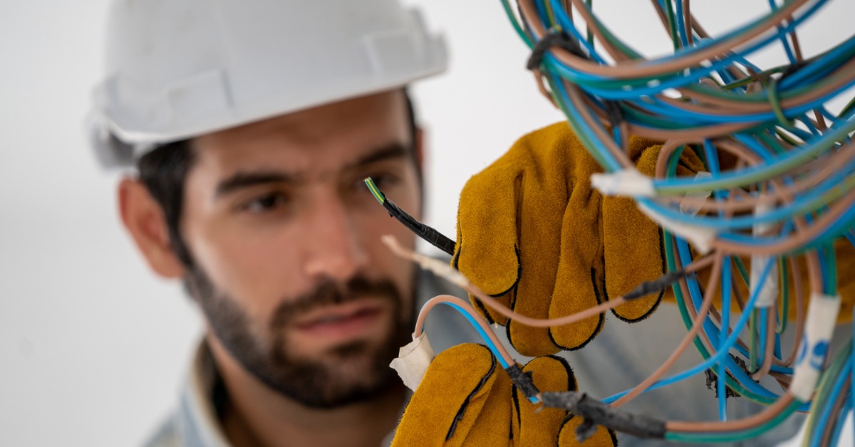 Electrician in a hard hat and protective gloves inspects a bundle of exposed blue, brown, and green electrical wires.